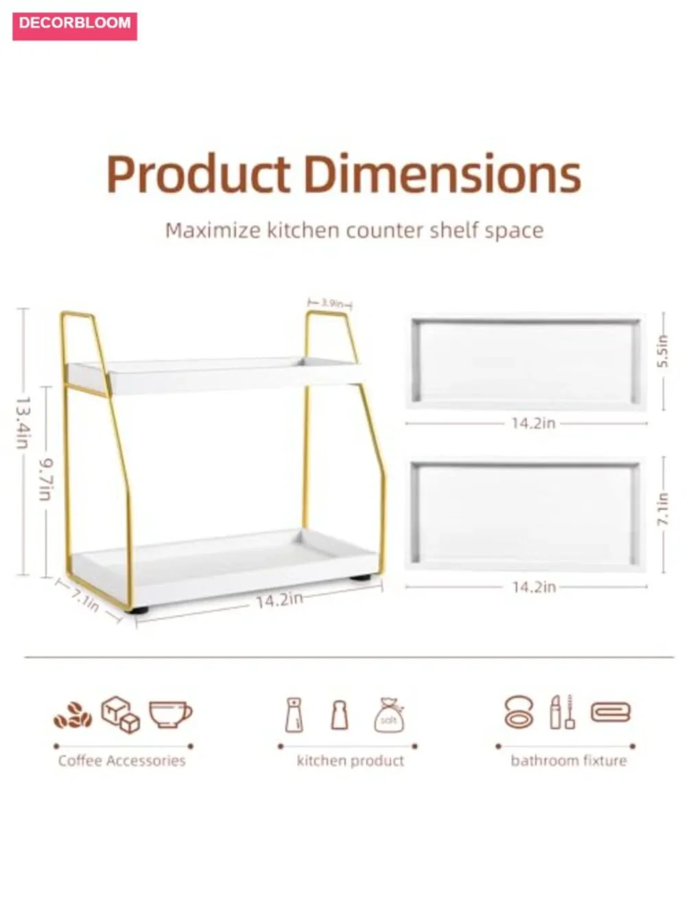 2-Tier Wooden Coffee Bar Organizer with Gold Metal Frame